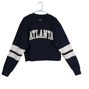 New York Popular Atlanta Navy Cropped Sweatshirt White Striped Sleeves XL Womens